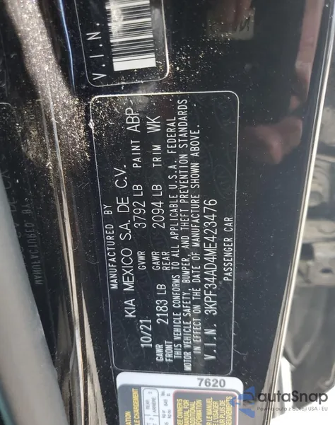 2021 Kia Forte Gt Line z USA, uszkodzony, nr VIN 3KPF34AD4ME423476